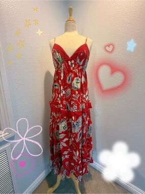 Red Floral Tiered Maxi Dress with Spaghetti Straps